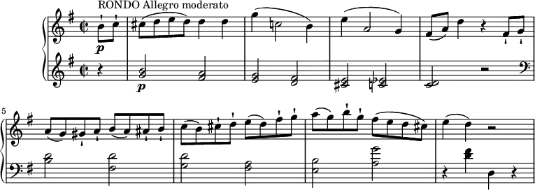 
\version "2.18.2"
\header {
  tagline = ##f
}
upper = \relative c' {
         \clef "treble" 
         \tempo "Allegro moderato"
         \key g \major
         \time 2/2 
         \tempo 4 = 140
         \partial 8 b'8-! \p ^\markup {RONDO Allegro moderato} c-!
         cis8 (d e d) d4 d
         g (c,!2 b4)
         e4 (a,2 g4)
         fis8 (a) d4 r fis,8-! g-!
         a (g) gis-! a-! b (a) ais-! b-!
         c (b) cis-! d-! e (d) fis-! g-!
          a (g) b-! g-! fis (e d cis) 
          e4 (d) r2
}

lower =\relative c' {      
         \clef "treble"  
         \key g \major
         \time 2/2
     \partial 4 r4 <g' b>2 \p <fis a> <e g> <d fis> <cis e> <c ees> <c d> r2 
     \clef "bass" <b d> <fis d'> <g d'> <fis a> <e b'> <a g'>
      r4 <d fis> d, r
  }     
\score {
  \new PianoStaff <<  
    \new Staff = "upper" \upper
    \new Staff = "lower" \lower
  >>
  \layout {
    \context {
      \Score
      \remove "Metronome_mark_engraver"
    }
  }
  \midi { }
}
