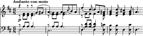 
\version "2.18.2"
<<
  \new Staff  \relative c' {
         \clef "treble" 
         \tempo "Andante con moto"
         \key d \major
         \time 6/8
        <<{\stemDown c8\rest  \p <d fis>8 <d fis> <d fis>4.  c8\rest  <e g>8 <e g> <e g>4. } \\ { \stemUp a'4\rest  a8\rest  a8\rest  g, ^ (gis a4.) ~  a8 \grace cis16 (b8) a}>> 
         <<{\stemDown c,8\rest   fis8  fis fis4 <d fis>8 } \\ { \stemUp fis'4 (d8) ~ d a ais}>> 
         <e g b>4 <d g d'>8 <e g cis!>4 <e g b>8 a4.
}

 \new Staff \relative c {      
         \clef "bass" 
         \key d \major
         \time 6/8 
         \tempo 4 = 100
         <<{\stemDown d2. } \\ { \stemUp b'8\rest a a a4. }>>
         <<{\stemDown cis,2. } \\ { \stemUp b'8\rest a a a4. }>>
         <<{\stemDown d,4. ~ d4 } \\ { \stemUp b'8\rest <a d> <a d> <a d>4 }>>
         <d, c'>8 <d b'>4 <d b'>8 d4 <d cis'>8 d4. 
 }
>>
