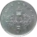 Revers original sur une pièce de cinq pence émise en 1998.