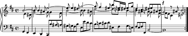 
\version "2.18.2"
\header {
  tagline = ##f
}

upper = \relative c'' {
    \tempo "(Andante)"
    \clef treble 
    \key b \minor
    \time 4/4
    \tempo 4 = 69
    \set Score.currentBarNumber = #42
    \bar ""

   %% PRÉLUDE CBT I-24, BWV 869, si mineur 
   << { \partial 2 b2~ b8 b4 ais8 e'2~ e8 e4 dis8 g2~ g8 fis4 eis8 b' e,16 dis e8 g d4 cis dis8 e ais, b g2 \shiftOnnn fis } 
   \\ { s8 e4 dis8 | g2~ g8 g4 fis8 | b2~ b8 b4 ais8 d2~ d8 c b4~ b ais a8 g4 fis8~ fis e cis4 \shiftOn dis2 } 
   \\ { s1*4 s2 r4 r8     \tempo 4 = 50 ais'8     \tempo 4 = 30 b2-\tweak stencil ##f \p } >>
   
}

lower = \relative c {
    \clef bass 
    \key b \minor
    \time 4/4

    g4 fis e d cis8 b'' ais a | gis g fis b e, e' d cis | b c cis d eis, fis g e fis e fis fis, b2~ -\tweak stencil ##f \f b1 \bar ":|."
} 

\score {
  \new PianoStaff <<
    \set PianoStaff.instrumentName = #""
    \new Staff = "upper" \upper
    \new Staff = "lower" \lower
  >>
  \layout {
    indent = #0
    \context {
      \Score
      \remove "Metronome_mark_engraver"
      \override SpacingSpanner.common-shortest-duration = #(ly:make-moment 1/2) 
    }
  }
  \midi { \set Staff.midiInstrument = #"harpsichord" }
}
