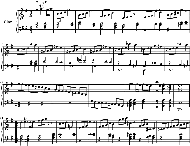 
\version "2.18.2"
\header {
  tagline = ##f
  % composer = "Domenico Scarlatti"
  % opus = "K. 75"
  % meter = "Allegro"
}

%% les petites notes
trillAp       = { \tag #'print { a4.\trill } \tag #'midi { b32 a b a b a b a~ a8 } }
trillEp       = { \tag #'print { e4.\trill } \tag #'midi { fis32 e fis e fis e fis e~ c8 } }

upper = \relative c'' {
  \clef treble 
  \key g \major
  \time 3/4
  \tempo 4 = 102
  \set Staff.midiInstrument = #"harpsichord"
  \override TupletBracket.bracket-visibility = ##f

  \repeat volta 2 {
      s8*0^\markup{Allegro}
      g'4 \trillAp g16 a | \times 2/3 { b,8 c d } g2 | \omit TupletNumber  \times 2/3 { a,8 b c } e2 | \times 2/3 { fis,8 g a } c2 |
      % ms. 5
      \times 2/3 { d,8 e fis } b2 | \times 2/3 { e,8 fis g } e'4( d) | \times 2/3 { a8 b cis } g'4 fis | \times 2/3 { b,8 cis d } b'4 a |
      % ms. 9
      \times 2/3 { gis,8 a b } f'4 e | \times 2/3 { gis,8 a b } d4 c | \times 2/3 { gis8 a b } f'4 e | \times 2/3 { cis8 d e } bes'4 a |
      % ms. 13
      \times 2/3 { cis,8 d e } g4 f | \times 2/3 { cis8 d e } bes'4 a | \times 2/3 { g8 fis e e[ d cis] cis b a | g8 fis e e[ d cis] cis b a } |
      % ms. 17
      s2. | g''4.  fis16 e \times 2/3 { fis8 e d } | b'8 d, < a d fis >4 < a cis e > | < fis a d >2. }%repet
      \bar ":..:"
      % ms. 21
      d'4 \trillEp d16 e | \times 2/3 { fis8 g a } c,!2 | \times 2/3 { b8 c d } f,2 | \times 2/3 { e8 fis g } e'4 d |
      % ms. 25
      \times 2/3 { fis,8 g a } c4 b | \times 2/3 { g'8 a b } cis,4 d | \times 2/3 { g,8 a b } cis,4 d | \times 2/3 { c!8 d e | fis[ g a] a b c } 

}

lower = \relative c' {
  \clef bass
  \key g \major
  \time 3/4
  \set Staff.midiInstrument = #"harpsichord"
  \override TupletBracket.bracket-visibility = ##f

  \repeat volta 2 {
    % **************************************
      < g b d >2 < fis a d >4 | < g b d >2 < b d >4 | < c e >2 < a c >4 | < d, a' d >2 < fis a d >4 |
      % ms. 5
      < g b >2 < b d >4 | c,4 c' < b d > | r4 < cis e >4 < d fis > | r4 < g, b d >4 < fis a d > |
      % ms. 9
      << { d'4 d c  | b f' e | r4 d4 c } \\ { e,2. e e }  >>
      % ms. 12
      << { r4 g4 f | e bes' a | r4 g4 f | < cis e > } \\ {  a2. a a | a4 } >> r4 r4 | R2. |
      % ms. 17
      \omit TupletNumber \times 2/3 { g'8 fis e e[ d cis] cis b a } | < a cis e a >4 < cis e a > < d fis a > | < g, d' g > < a d a' > < a e' a > | < d, d' >2. }%repet
      \bar ":..:"
      % ms. 21
      < d' fis a >2 < cis e a >4 | < d fis a >2 <fis a d >4 | < g b d >2 < b d >4 | c,4 c' < b d >
      % ms. 25
      r4 < a c >4 < g b > | r4 < e g cis >4 < fis a d > | r4 < g a >4 < fis a > | < e g >2 < e g c >4

}

thePianoStaff = \new PianoStaff <<
    \set PianoStaff.instrumentName = #"Clav."
    \new Staff = "upper" \upper
    \new Staff = "lower" \lower
  >>

\score {
  \keepWithTag #'print \thePianoStaff
  \layout {
      #(layout-set-staff-size 17)
    \context {
      \Score
     \override SpacingSpanner.common-shortest-duration = #(ly:make-moment 1/2)
      \remove "Metronome_mark_engraver"
    }
  }
}

\score {
  \unfoldRepeats 
  \keepWithTag #'midi \thePianoStaff
  \midi { }
}

