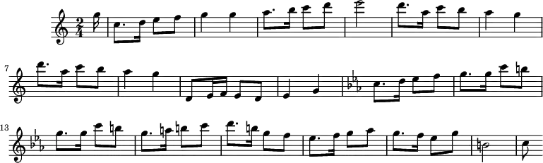
\version "2.18.2"
\header {
  tagline = ##f
}

\score {
  \new Staff \with {

  }
<<
  \relative c'' {
    \key c \major
    \time 2/4
    \override TupletBracket #'bracket-visibility = ##f 

    %\autoBeamOff

     %%% Pep Ventura, Per tú ploro (Sardane)
     \partial 16
     g'16 | c,8. d16 e8 f g4 g a8. b16 c8 d e2 | \repeat unfold 2 { d8. a16 c8 b a4 g }
     d,8 e16 f e8 d e4 g | 
     \key ees \major
     c8. d16 ees8 f \repeat unfold 2 { g8. g16 c8 b } g8. a16 b8 c | d8. b16 g8 f ees8. f16 g8 aes g8. f16 ees8 g b,2 | c8

  }
>>
  \layout {
     \context { \Score \remove "Metronome_mark_engraver" }
  }
  \midi { \tempo 4 = 120 }
}

