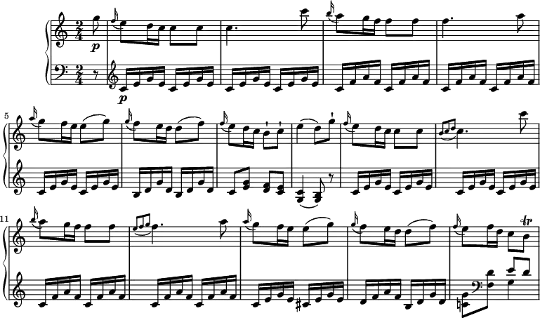 
\version "2.18.2"
\header {
  tagline = ##f
}

upper = \relative c'' {
         \clef "treble" 
         \tempo "Allegretto grazioso"
         \key c  \major
         \time 2/4 
         \tempo 4 = 90
       \partial 8 g'8\p
       \grace f16 (e8) d16 c c8 c
       c4. c'8
       \grace b16 (a8) g16 f f8 f
        f4. a8
       \grace a16 (g8) f16 e e8 (g)
       \grace g16 (f8) e16 d d8 (f)
        \grace f16 (e8) d16 c b8-! c-!
        e4 (d8) g-!
       \grace f16 (e8) d16 c c8 c
       \grace{b (c d}  c4.) c'8
       \grace b16 (a8) g16 f f8 f
        \grace{e (f g} f4.) a8
       \grace a16 (g8) f16 e e8 (g)
       \grace g16 (f8) e16 d d8 (f)
        \grace f16 (e8) f16 d c8 b\trill
       
}

lower =\relative c' {      
         \clef "bass" 
         \key c \major
         \time 2/4 
\set Staff.midiMinimumVolume = #0.2 
\set Staff.midiMaximumVolume = #0.4
       \partial 8 r8

        \clef "treble"
        c16\p e g e
        \repeat unfold 3 {  c16 e g e }
        \repeat unfold 4 {  c f a f} 
         \repeat unfold 2 {  c e g e }
         \repeat unfold 2 {  b d g d }
         c8 <e g> <d f> <c e>
         <g c>4 (<g b>8) r8
         \repeat unfold 4 {  c16 e g e }
         \repeat unfold 4 {  c f a f}
         c16 e g e cis16 e g e
          d f a f b, d g d
         <c! g'>8  \clef "bass"  <f, d'> <<{e'8 d} \\ {g,4}>>
} 
\score {
  \new PianoStaff <<
    \new Staff = "upper" \upper
    \new Staff = "lower" \lower
  >>
  \layout {
    \context {
      \Score
      \remove "Metronome_mark_engraver"
    }
  }
  \midi { }
}
