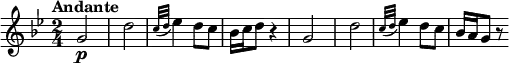 
\relative c'' {
  \version "2.18.2"
  \key bes \major
  \tempo "Andante"
  \time 2/4
   \tempo 4 = 50
   g2\p d'
   \grace {c32 (d} ees4) d8 c
   bes16 c d8 r4
   g,2 d'
   \grace {c32 (d32]} ees4) d8 c8
   bes16 a g8 r8
}
