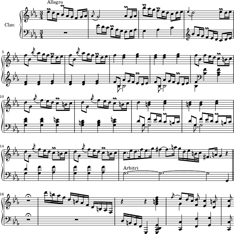 
\version "2.18.2"
\header {
  tagline = ##f
}

%% les petites notes
appoDb        = { \tag #'print { \appoggiatura ees4 d2  } \tag #'midi { ees4 d4 } }
appoGb        = { \tag #'print { \appoggiatura aes8 g2  } \tag #'midi { aes8 g4. } }
trillEesq     = { \tag #'print { ees8\prall } \tag #'midi { f32 ees f ees } }
trillBesq     = { \tag #'print { bes8\prall } \tag #'midi { c32 bes c bes } }
trillBesqUp   = { \tag #'print { bes'8\prall } \tag #'midi { c32 bes c bes } }
trillAesq     = { \tag #'print { aes8\prall } \tag #'midi { bes32 aes bes aes } }
trillFq       = { \tag #'print { f8\prall } \tag #'midi { g32 f g f } }
trillCq       = { \tag #'print { c8\prall } \tag #'midi { d32 c d c } }


upper = \relative c'' {
  \clef treble 
  \key ees \major
  \time 3/4
  \tempo 2 = 52
  \set Staff.midiInstrument = #"harpsichord"
  \override TupletBracket.bracket-visibility = ##f

      s8*0^\markup{Allegro}
      \trillEesq  d16 c \trillBesq aes16 g f8 g16 aes | \appoGb \trillAesq g16 aes | \trillBesqUp aes16 g \trillFq ees16 d c8  d16 ees  | 
      % ms. 4
      \appoDb  \trillEesq d16 ees | \repeat unfold 2 { f8 bes, \acciaccatura bes'8 aes8 g16 f \trillEesq d16 ees } | f4 < d f > < ees g > |
      % ms. 8
      < d f >4 q < ees g > | f8 bes, f' ees16 d \trillCq b16 c | \repeat unfold 2 { d8 g, \acciaccatura g'8 f8 ees16 d \trillCq b16 c }
      % ms. 12
      d4 < b d > < c ees > | < b d > q < c ees > | \repeat unfold 2 { d8 g, \acciaccatura g'8 f8 ees16 d \trillCq b16 c }
      % ms. 16 \cadenzaOn
      c8.[ ees16 d8. f16 ees8. g16] fis4~ fis8.[ a16]   \tempo 2 = 45 g[ d ees b32 c] fis,8.[ a16] g4 r4 | R2.\fermata |   \tempo 2 = 52 d''16 b aes f  d  b aes f  d b aes f | 
      % ms. 19
      r4 r4 < g' b d f >4 | << { \acciaccatura f'8 \stemUp ees8 d16 c } \\ { g4 } >> < f d' >8 < ees c' >4 < d b' >8 | < ees c' >

}

lower = \relative c' {
  \clef bass
  \key ees \major
  \time 3/4
  \set Staff.midiInstrument = #"harpsichord"
  \override TupletBracket.bracket-visibility = ##f

    % ************************************** \appoggiatura \repeat unfold 2 {  } \times 2/3 { }
      R2. | ees8 d16 c \trillBesq aes16 g f8 g16 aes | g4 aes c |   \clef treble 
      % ms. 4
      bes'8 aes16 g \trillFq ees16 d c8 d16 ees | \repeat unfold 2 { < d f >4 q < ees g > } | \repeat unfold 2 { << { f8 bes,8 aes' g16 f \trillEesq d16 ees } \\ { s8 bes8~ bes2 } >> } << { f'4 } \\ { bes,4 } >>  \clef bass
      % ms. 9 suite
      < bes f' >4 < aes c f > < g d' f > q < g c e > | < g b d > q < g c e > |
      % ms. 12
      \repeat unfold 2 { << { d'8 g,8 f' ees16 d \trillCq b16 c } \\ { s8 g8~ g2 } >> } << { d'4 } \\ { g,4 } >> < g f' >4 < aes f' > | < g f' >4 q < aes f' > \cadenzaOn
      % ms. 16
      g2.~^\markup{Arbitri} g2.~ g2 g,4 \cadenzaOff \bar "||" | R2.\fermata | R2.
      % ms. 19
      d'16 b aes f | g,4 < g c d g >4 | < c c' > < f f' > < g g' > | < c, c' >8

}

thePianoStaff = \new PianoStaff <<
    \set PianoStaff.instrumentName = #"Clav."
    \new Staff = "upper" \upper
    \new Staff = "lower" \lower
  >>

\score {
  \keepWithTag #'print \thePianoStaff
  \layout {
      #(layout-set-staff-size 17)
    \context {
      \Score
     \override SpacingSpanner.common-shortest-duration = #(ly:make-moment 1/2)
      \remove "Metronome_mark_engraver"
    }
  }
}

\score {
  \keepWithTag #'midi \thePianoStaff
  \midi { }
}
