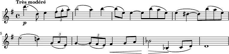 
\new Staff \with {midiInstrument = #"violin"} {
  \version "2.18.2"
  \relative c''{
  \key e \minor
  \time 4/4
  
  \tempo "Très modéré"
  d'4.\p (d,8) e4 \tuplet 3/2 { fis8-. (g-. a-.) }
  b2 (a4) b4 ~ b8 (e,) e4 ~ e8 b' (a e)
  e4 (dis ~ dis8)  b' (a e)
  e2 (d!4) \tuplet 3/2 { g,8 (a e) }
  g4 ~ \tuplet 3/2 { g8 (fis e) } fis4 \< g8 a
  bes2 \>  bes,4 \! (c8 d)
  d1
  }
}
  \midi {
    \context {
      \Score
      tempoWholesPerMinute = #(ly:make-moment 90 4)
    }
  }
