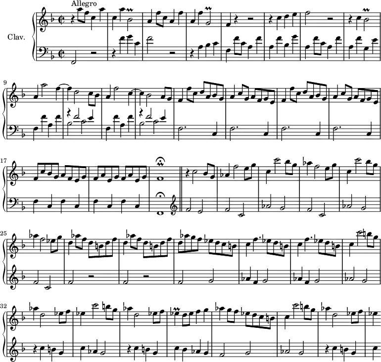 
\version "2.18.2"
\header {
  tagline = ##f
  % composer = "Domenico Scarlatti"
  % opus = "K. 378"
  % meter = "Allegro"
}

%% les petites notes
trillBesbDown     = { \tag #'print { bes,2\prall } \tag #'midi { c16 bes c bes~ bes4 } }
trillBesb         = { \tag #'print { bes2\prall } \tag #'midi { c16 bes c bes~ bes4 } }
trillGbDown       = { \tag #'print { g,2\prall } \tag #'midi { a16 g a g~ g4 } }
trillFr           = { \tag #'print { f1\prall\fermata } \tag #'midi { \repeat unfold 3 { g16 f~ } \tempo 2 = 40 f8~ f2 \tempo 2 = 92 } }
trillEes          = { \tag #'print { ees4\prall } \tag #'midi { f16 ees f ees } }

upper = \relative c'' {
  \clef treble 
  \key f \major
  \time 2/2
  \tempo 2 = 92
  \set Staff.midiInstrument = #"harpsichord"
  \override TupletBracket.bracket-visibility = ##f

      s8*0^\markup{Allegro}
      r4 a'8 f \repeat unfold 2 { c4 a' } \trillBesbDown | a4 f'8 c \repeat unfold 2 { a4 f' } \trillGbDown |
      % ms. 5
      f4 r4 r2 | r4 c'4 d e | f2 r2 | r4 c4 \trillBesb | a4 a'2 f4~ |
      % ms. 10
      f4 d2 c8 bes | a4 f'2 c4~ | c bes2 a8 g | \repeat unfold 2 { f4 f'8 c d a bes g | a4 c8 g a f g e } |
      % ms. 17
      f8 c' bes g a f e g | f a e g f a e g | \trillFr 
      % ms. 20
      r4 c'2 bes8 g | aes4 f'2 e8 g | c,4 c'2 bes8 g | aes4 f2 e8 g | c,4 c'2 bes8 g |
      % ms. 25
      aes4 f2 ees8 g | \repeat unfold 2 { d4 aes'8 f d b d f } | d8 aes' g f ees d c b |
      % ms. 29
      \repeat unfold 2 { c4 f4. ees8 d b } | c4 c'2 b8 g | aes4 d,2 ees8 f | ees4 c'2 b8 g |
      % ms. 34
      aes4 d,2 ees8 f \trillEes d8 ees f4 g | aes4 g8 f ees d c b | c4 c'2 b8 g | aes4 d,2 ees8 f |
      % ms. 39
      ees4 
      % ms. 43
      
      % ms. 47
      

}

lower = \relative c' {
  \clef bass
  \key f \major
  \time 2/2
  \set Staff.midiInstrument = #"harpsichord"
  \override TupletBracket.bracket-visibility = ##f

    % ************************************** \appoggiatura a16  \repeat unfold 2 {  } \times 2/3 { }   \omit TupletNumber 
      f,,2 r2 | r4 f''4 g c, | f2 r2 | r4 a, bes c | 
      % ms. 5
      f,4 f'8 c a4 f' | a, f' bes, g' | a, f'8 c a4 f' | a, f' g, e' | f, f' a, f' |
      % ms. 10
      << { r4 f2 e4 } \\ { bes2 c } >> | f,4 f' a, f' | << { r4 f2 e4 } \\ { bes2 c } >> |
      % ms. 14
      \repeat unfold 4 { f,2. c4 } | \repeat unfold 4 { f4 c } f,1\fermata  \bar "||"   \clef treble 
      % ms. 20
      f''2 e | \repeat unfold 2 { f c | aes' g } |
      % ms. 25
      f2 c | \repeat unfold 2 { f r2 } | f2 g |
      % ms. 29
      \repeat unfold 2 { aes4 f g2 } | aes2 g | r4 c4 b g | c aes g2 |
      % ms. 34
      r4 c4 b g | c bes aes g | f2 g | aes g | r4 c b g |
      % ms. 39
      c4
      % ms. 43
      
      % ms. 47
      

}

thePianoStaff = \new PianoStaff <<
    \set PianoStaff.instrumentName = #"Clav."
    \new Staff = "upper" \upper
    \new Staff = "lower" \lower
  >>

\score {
  \keepWithTag #'print \thePianoStaff
  \layout {
      #(layout-set-staff-size 17)
    \context {
      \Score
     \override SpacingSpanner.common-shortest-duration = #(ly:make-moment 1/2)
      \remove "Metronome_mark_engraver"
    }
  }
}

\score {
  \keepWithTag #'midi \thePianoStaff
  \midi { }
}
