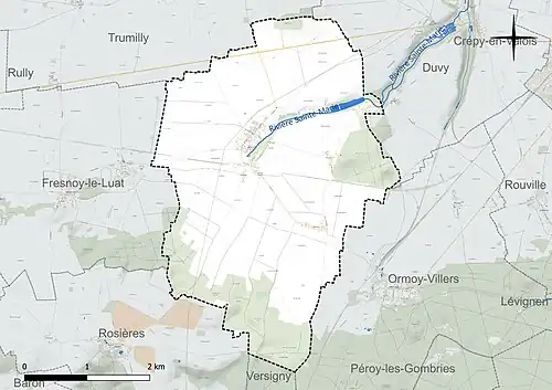 Carte en couleur présentant le réseau hydrographique de la commune