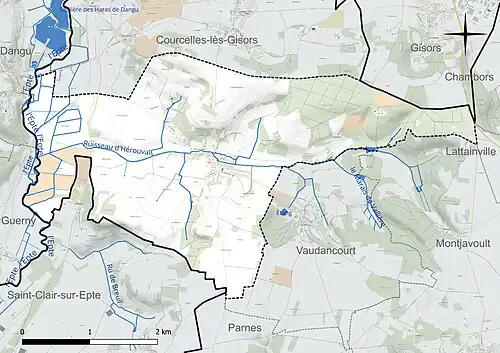 Carte en couleur présentant le réseau hydrographique de la commune