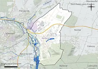 Carte en couleur présentant le réseau hydrographique de la commune