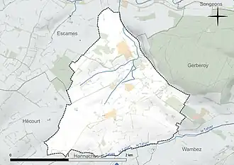 Carte en couleur présentant le réseau hydrographique de la commune