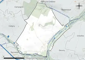 Carte en couleur présentant le réseau hydrographique de la commune