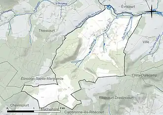 Carte en couleur présentant le réseau hydrographique de la commune