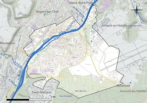 Carte en couleur présentant le réseau hydrographique de la commune