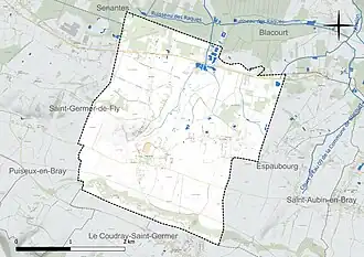 Carte en couleur présentant le réseau hydrographique de la commune
