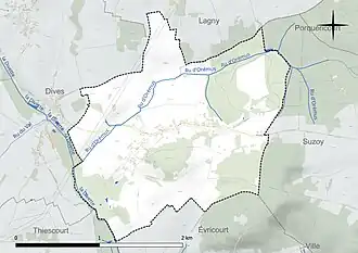 Carte en couleur présentant le réseau hydrographique de la commune