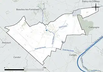 Carte en couleur présentant le réseau hydrographique de la commune