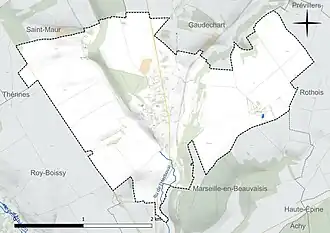 Carte en couleur présentant le réseau hydrographique de la commune