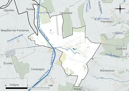 Carte en couleur présentant le réseau hydrographique de la commune