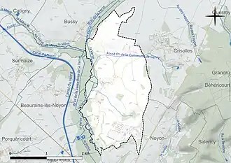 Carte en couleur présentant le réseau hydrographique de la commune
