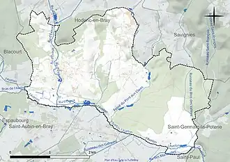 Carte en couleur présentant le réseau hydrographique de la commune