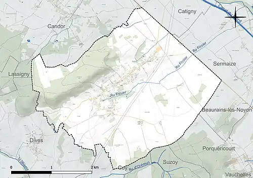 Carte en couleur présentant le réseau hydrographique de la commune