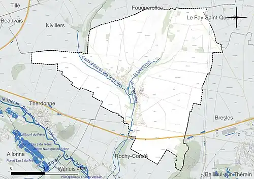 Carte en couleur présentant le réseau hydrographique de la commune