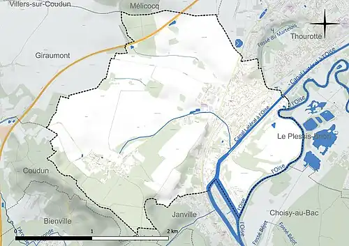 Carte en couleur présentant le réseau hydrographique de la commune
