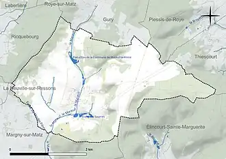 Carte en couleur présentant le réseau hydrographique de la commune