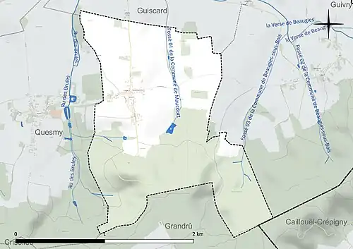 Carte en couleur présentant le réseau hydrographique de la commune
