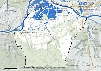Carte en couleur présentant le réseau hydrographique de la commune
