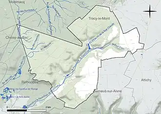 Carte en couleur présentant le réseau hydrographique de la commune