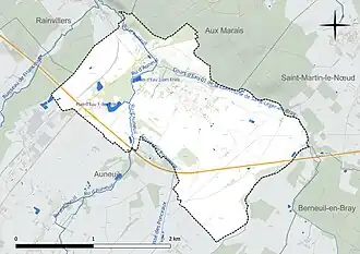 Carte en couleur présentant le réseau hydrographique de la commune