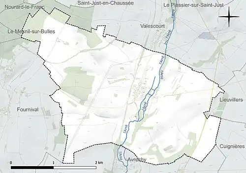 Carte en couleur présentant le réseau hydrographique de la commune