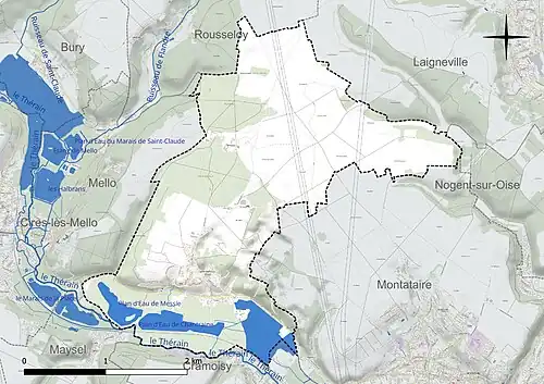 Carte en couleur présentant le réseau hydrographique de la commune