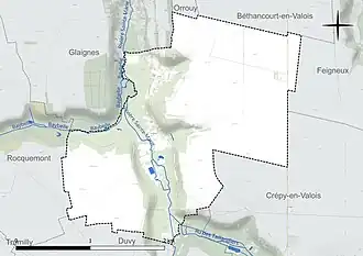 Carte en couleur présentant le réseau hydrographique de la commune