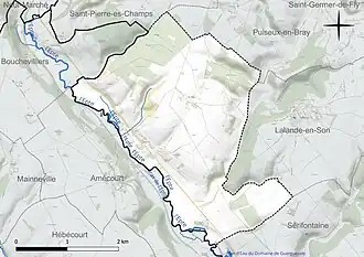 Carte en couleur présentant le réseau hydrographique de la commune