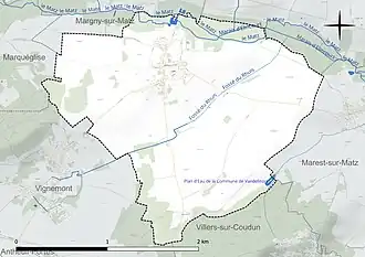 Carte en couleur présentant le réseau hydrographique de la commune