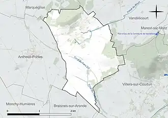 Carte en couleur présentant le réseau hydrographique de la commune