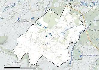 Carte en couleur présentant le réseau hydrographique de la commune