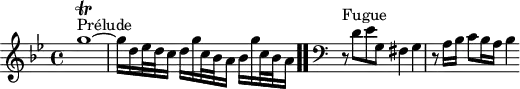 
\version "2.18.2"
\header {
  tagline = ##f
}

\score {
  \new Staff \with {
%fontSize = #-2
  }
<<
  \relative c'' {
    \key g \minor
    \time 4/4

     %% INCIPIT CBT I-16, BWV 861, sol mineur
     s4*0^\markup{Prélude} g'1~\trill g16 d ees32 d c16 d g c,32 bes a16 bes16 g' c,32 bes a16 
 \bar ".."
      \skip 8*1
      %\once \override Staff.Clef.full-size-change = ##t
     \override Staff.Clef.extra-offset = #'( -1 . 0 )
      \clef bass
      \partial 1
      \relative c
      r8^\markup{Fugue} d,8 ees g, fis4 g r8 a16 bes c8 bes16 a bes4
  }
>>
  \layout {
     \context { \Score \remove "Metronome_mark_engraver" 
     \override SpacingSpanner.common-shortest-duration = #(ly:make-moment 1/2) 
   }
  }
  \midi {}
}
