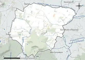 Carte en couleur présentant le réseau hydrographique de la commune