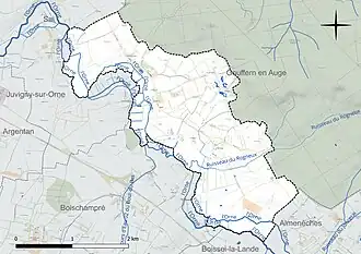 Carte en couleur présentant le réseau hydrographique de la commune