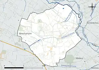 Carte en couleur présentant le réseau hydrographique de la commune