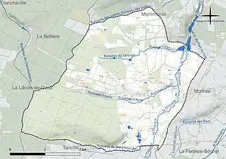 Carte en couleur présentant le réseau hydrographique de la commune