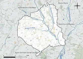 Carte en couleur présentant le réseau hydrographique de la commune