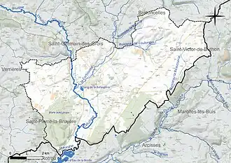 Carte en couleur présentant le réseau hydrographique de la commune