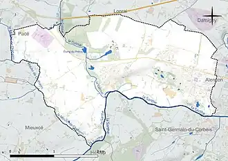 Carte en couleur présentant le réseau hydrographique de la commune