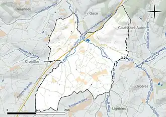 Carte en couleur présentant le réseau hydrographique de la commune