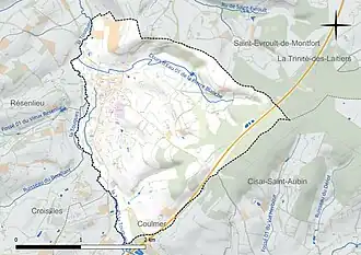 Carte en couleur présentant le réseau hydrographique de la commune